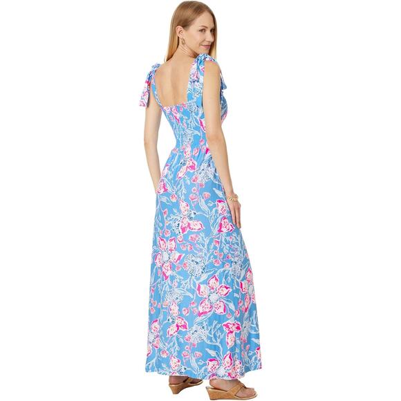 New Lilly Pulitzer Kailua Smocked Maxi Dress Blue Floral Smocked Tie Strap Sz XL - Picture 3 of 11